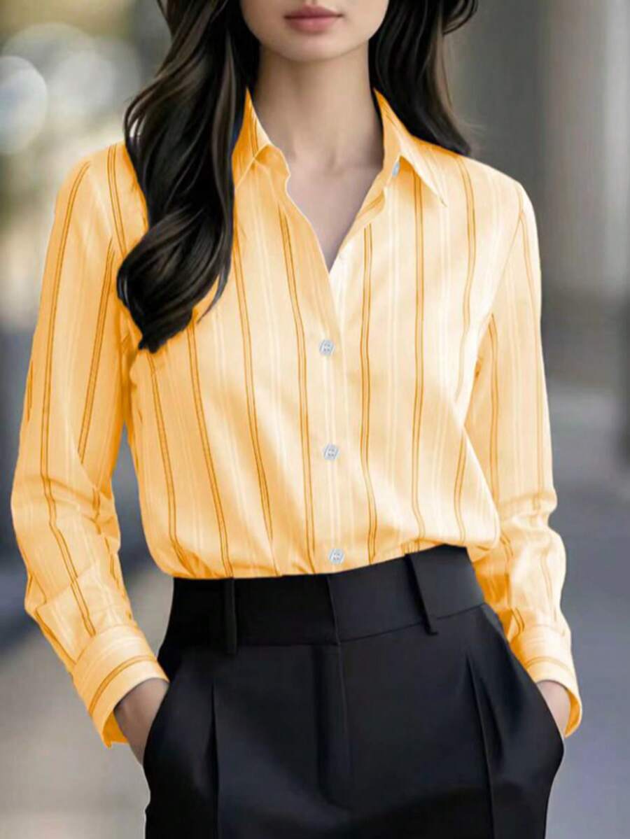 New Arrival Fashion Women Striped Print Button-Up Shirt - Yellow - View 1