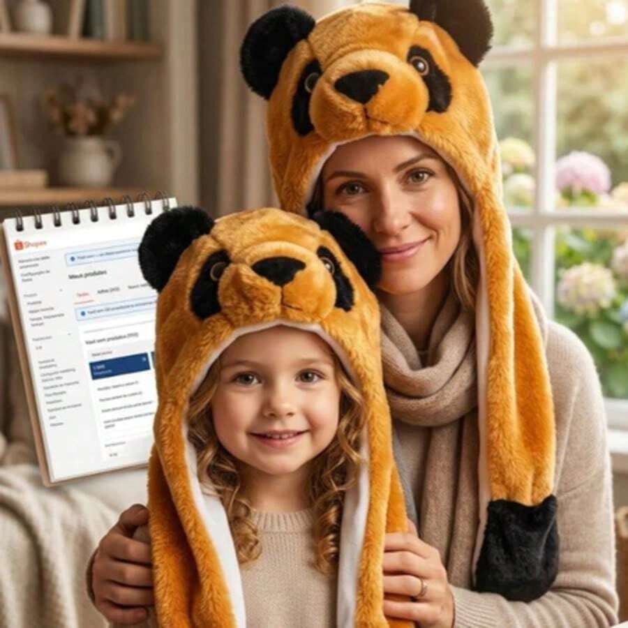 Plush Animal Hat/Scarf 2 In 1 – Panda, Tiger, Wolf And . Super Warm And Cuddly For Winter. - urso marrom - 查看 1