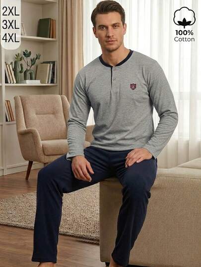 Plus Size Contrast Trim Long Sleeve Top And Solid Color Pants Men's Pajama Set
