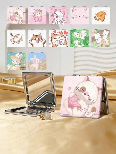1pc Cute Animal Series Portable Folding Makeup Mirror, Lightweight, Thin, Convenient, Durable PU Leather, Suitable For Various Occasions Like Travel, Party, Work, School, Suitable For All Ages