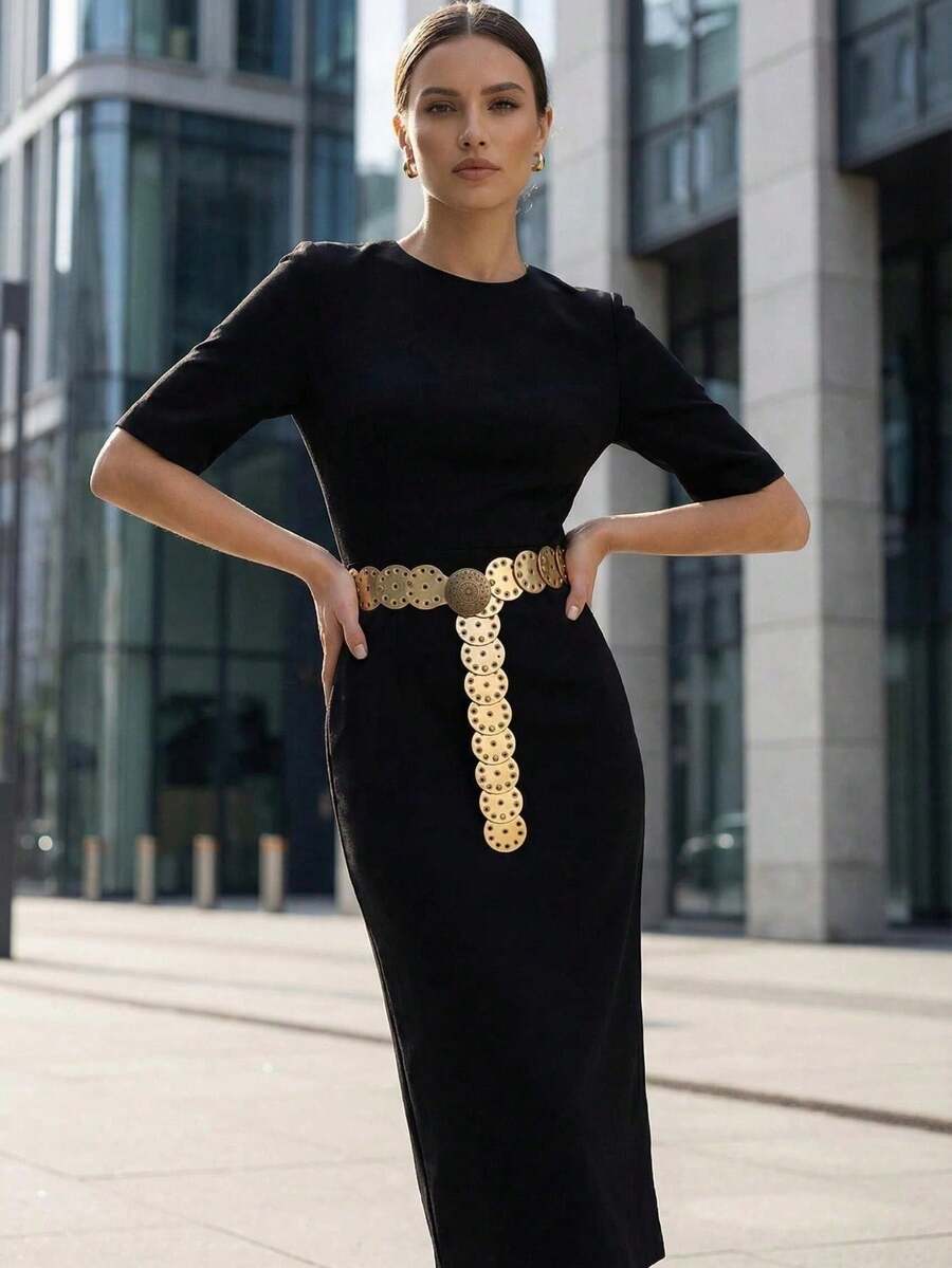 1PC Women's Gold Round Disc PU Belt Round Belt For Women Bohemian Concho Leather Vintage Western Belt Bohemian Style Floral Buckle First Choice For Shopping Party Essential Fashion Versatile Belt Suitable For Daily Use - Gold - View 1