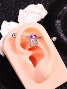 Pink Heart Crystal Industrial Barbell Earrings, Y2K Style Cute Dangle Chain Cartilage Earrings - Multicolor - View 8