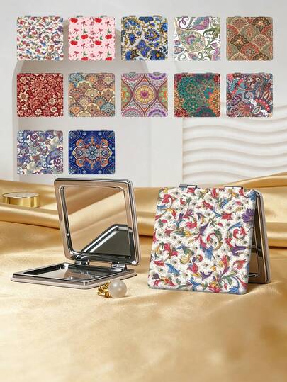 1个艺术花卉图案迷你化妆镜，可折叠轻便便携，采用耐用PU皮革材质，适合旅行、聚会、工作、学校等场合，适合所有年龄段。