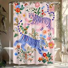 1Pc Shower Curtain - Pink & Blue Tigers With Floral Patterns, Machine Washable Bathroom Decor With 12 Hooks - Soft Pink Background, Polyester Window Curtain For Modern Or Traditional Bathrooms - Perfect For Animal Print Fans & Jungle Themes, Shower Curtain Sets For Bathrooms, Vibrant Fantasy Design, Easy Maintenance Fabric, Bathroom Decoration And Accessories - 款式1 - 查看 5