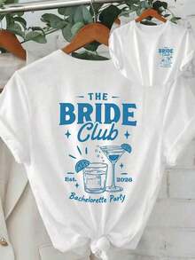 Casual Short-Sleeved Crew Neck T-Shirt With A Hand-Painted Vintage Blue Wine Glass Print And The Slogan "Bride Club" In Retro American Font. Suitable For Students, Everyday Wear, Vacations, Etc. BlancoTee - 白色 - 查看 6