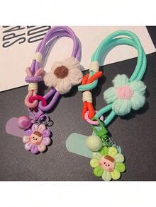 1 Set Estilo Ins Colgante de flor de algodón de dopamina para bebé, cordón para teléfono, correa de muñeca tejida, colgante de dibujos animados lindo, adecuado para mujeres - Multicolor - Ver 8