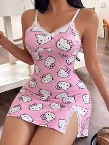 SANRIO 1件KT猫咪蝴蝶结蕾丝拼接侧开衩性感休闲可爱牛奶丝面料女士睡裙 - 粉色 - 查看 3