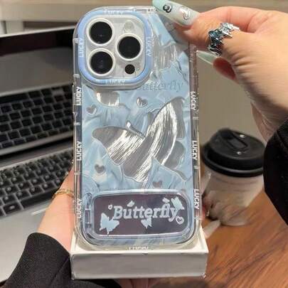 Hollow Blue & Green Butterfly Puff Feather Mirror Bracket Phone Case For IPhone 17/16 Pro Max, Apple 15, Fashionable 13, 14, Personalized 12/11 Phone Protective Cover