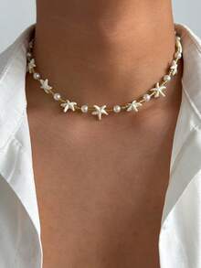 1 pieza Collar bohemio con estrella de mar y perla falsa, collar de verano con cuentas para la playa, colgante de estrella dorada para hombre, joyería de estilo resort hawaiano - Dorado - Ver 5