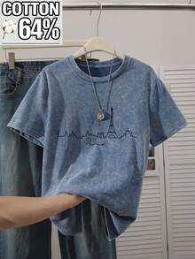 Plus Size Casual Cotton Acid Wash T-Shirt, Round Neck Short Sleeve Top With Tower Print, Suitable For All Seasons Summer - Blue - View 2