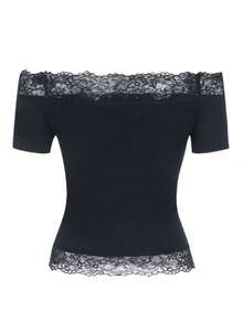 Black Off Shoulder Fitted Lace Splice Short Sleeve Blouse, Suitable For Casual, Dating, Single Party In Summer - Black - View 6