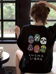 日系女式夏季宽松圆领时尚百搭字母口罩卡通印花短袖T恤休闲 - 黑色 - 查看 3