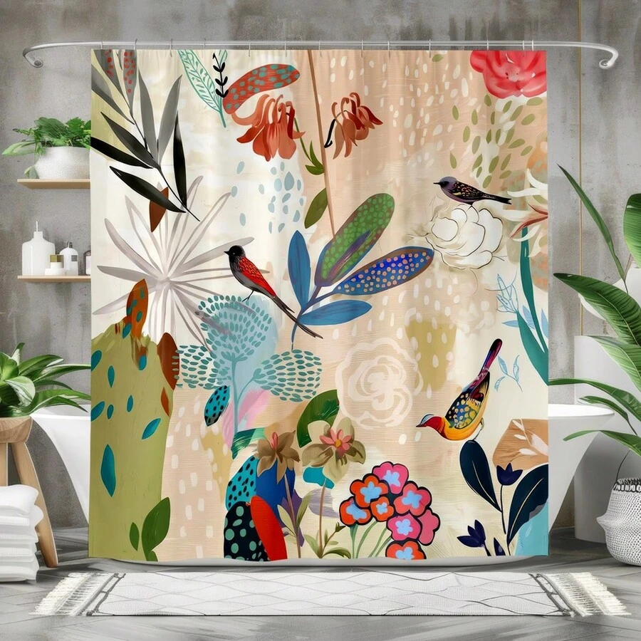 1pc 2D Flat Floral And Bird Pattern Colorful Shower Curtain, Modern Fabric Bathroom Decor, Waterproof Polyester Fiber, Vivid Natural Artwork, Unique Accessory, Easy To Clean, Eye-Catching Home Decoration, Elegant Pattern Aesthetic - Multicolor - View 1