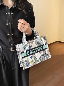 This Butterfly Print Canvas Tote Bag Is A Multi-Functional, Casual, And Fashionable Handbag For Women. It Comes With A Scarf Decoration And Is Available In Different Sizes. It Is Very Suitable For Shopping, Going To Work, School, Or Short-Distance Travel. - White - View 8
