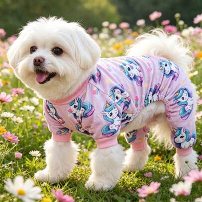 1pc Pet Dog Clothes, Summer Unicorn Print Four-Leg Outfit, Breathable & Skin-Friendly, Suitable For Teddy, Poodle, Chihuahua, Maltese And Other Small/Medium Dogs, For Indoor, Outdoor, Beach, Walking, Photography