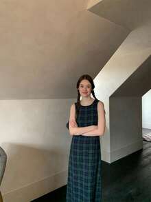 Retro Niche Round Neck Loose Back Slit Plaid Sleeveless Dress For Women - Blue - View 4
