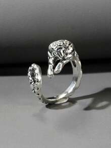 1 pieza Anillo abierto con forma de tigre en tono plateado vintage para hombre - Plata antigua - Ver 4
