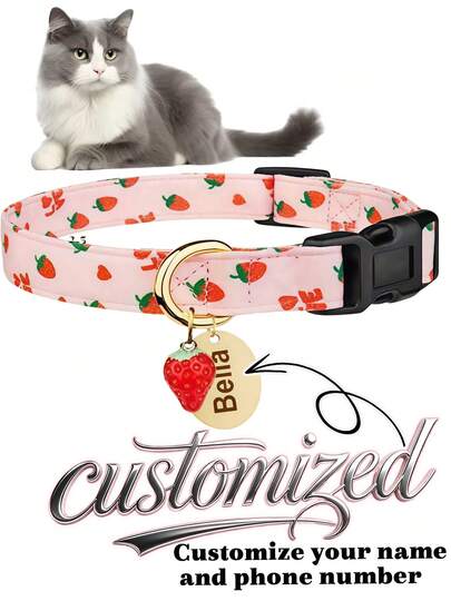 Vòng cổ cho chó tùy chỉnh kèm thẻ tên - Họa tiết dâu tây dễ thương, vòng cổ điều chỉnh được, phù hợp cho chó nhỏ, vừa và lớn, thẻ nhận dạng cá nhân.