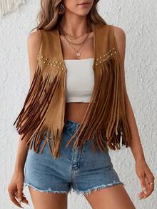elfnokto Women's Summer Casual Fashionable Bohemian Vacation Style Western Cowgirl Metal Rivet Fringe Decor Open Front Vest Jacket Fall - Brown - View 1