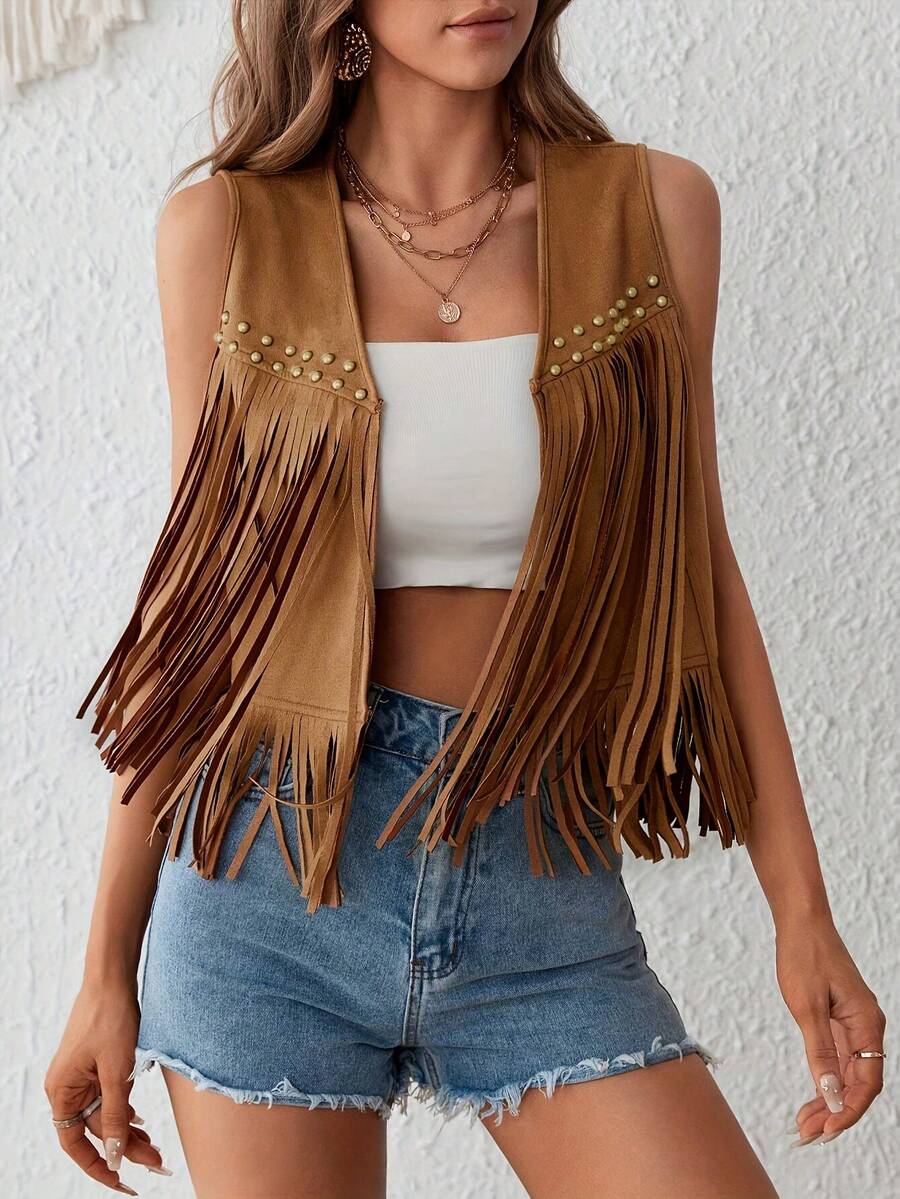 elfnokto Women's Summer Casual Fashionable Bohemian Vacation Style Western Cowgirl Metal Rivet Fringe Decor Open Front Vest Jacket Fall - Brown - View 1