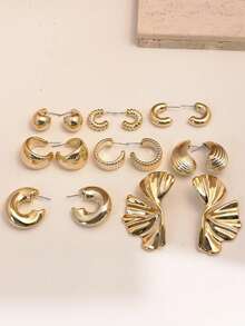 2-16pcs Women's Lava Metal Textured Flowing Minimalist Elegant Earring Set, Suitable For Students, Commuters, Music Festivals, Parties, Beach Vacations - Gold - View 5