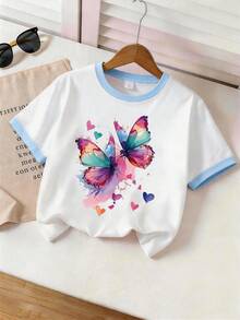 1 Set Teenage Girls' Round Neck T-Shirt & Shorts Set, Featuring Colorful Butterfly Print Short Sleeve Tee & Shorts, Comfortable Minimalist Design, Suitable For Spring/Summer - Multicolor - View 5
