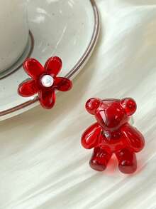 2pcs Summer New Cute Bear Heart Rhinestone Ring, Resin Exaggerated Cocktail Ring, Fashionable Accessory - Multicolor a - View 6