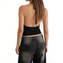 Womens Rivets Studded Halter Neck Plunge Cami Top Self-Tie Spaghetti Straps V-Neck Cut Out Front Crop Tank Top Camisole Vest Y2K Streetwear Party Tops - 黑色 - 查看 8