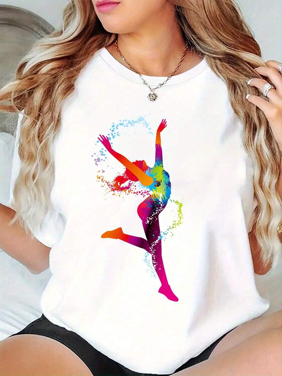 Camiseta de algodón de talla grande para mujer, ideal para el verano. Estampado de chica bailarina-Camiseta de estilo deportivo casual y a la moda para mujer. El material absorbe el sudor, es suave y agradable para la piel. - Blanco - Ver 1