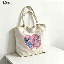 Túi tote vải canvas Disney Stitch, túi đeo vai in sọc pastel và hình trái tim dễ thương, thích hợp sử dụng hàng ngày. - Hồng - Xem 6