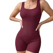 Women's Fitness Jumpsuit, Ribbed Fabric, Short Shaping Style - 酒紅色 - 查看 15