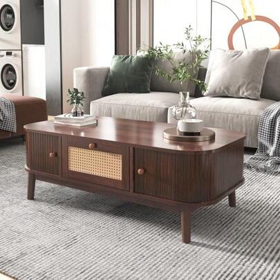 Couchtisch - Rattan-Kaffeetisch, Schubladen Mit Rattan Und Schiebetüren Mit Massivholzlatten, Massivholzbeine, Natürlicher Landhausstil.