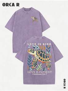 2026 Summer Outfits For WomenStylish And Fashionable Men'S Vintage Washed Short-Sleeve T-Shirt, Comfortable And With A Loose Fit, Featuring A Turtle Design With The Phrase 'LOVE IS KIND LOVE IS PATIENT' From 1 Corinthians 13:4-7, Perfect For Casual Ings, TravelLoose And Comfortablesummer Tops - 黑色 1 - 查看 10