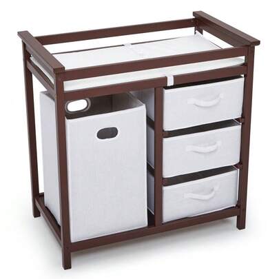 3 Drawers And Laundry Hamper,Modern Wooden Baby Changing Table Safety Belt & Changing Pad
