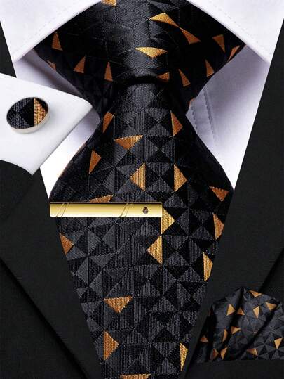 Men's Black Wave Tie Set – Includes Pocket Square, Cufflinks & Gold Tie Clip, Festive Formal Necktie For Holidays