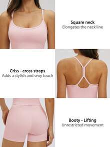NcmRyu Conjunto feminino esportivo de cor sólida, composto por regata justa com alças finas e costas cruzadas. - Rosa - Ver 3