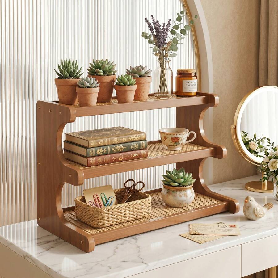 Kệ để bàn 3 tầng bằng tre, thích hợp cho văn phòng, ký túc xá, quầy bếp, cũng có thể dùng làm kệ trưng bày trên bàn phòng khách/nhà. Kệ lưu trữ đa chức năng và dụng cụ sắp xếp văn phòng phẩm. - màu nâu - Xem 1