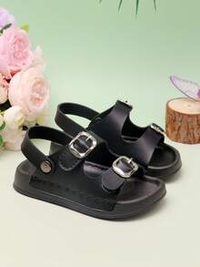 1 Pair Baby Buckle Sandals, Fashionable Versatile Comfortable Flat Slides, Unisex Children Beach Shoes - Black - View 2
