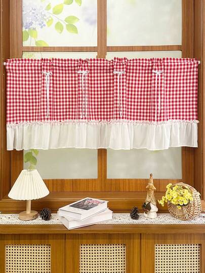 1 件红色格子窗帘幔，带白色荷叶边，乡村风格子图案，适用于厨房、浴室、客厅、乡村小屋，可过滤光线，适合小窗户，破旧别致家居装饰，杆袋式顶部