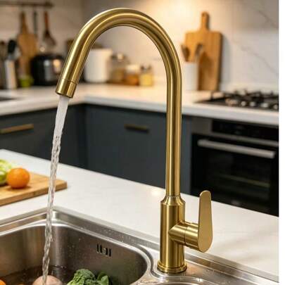1pc Stainless Steel Brushed Gold Curved Kitchen Sink Faucet, High-End Household Cold & Hot Water Tap