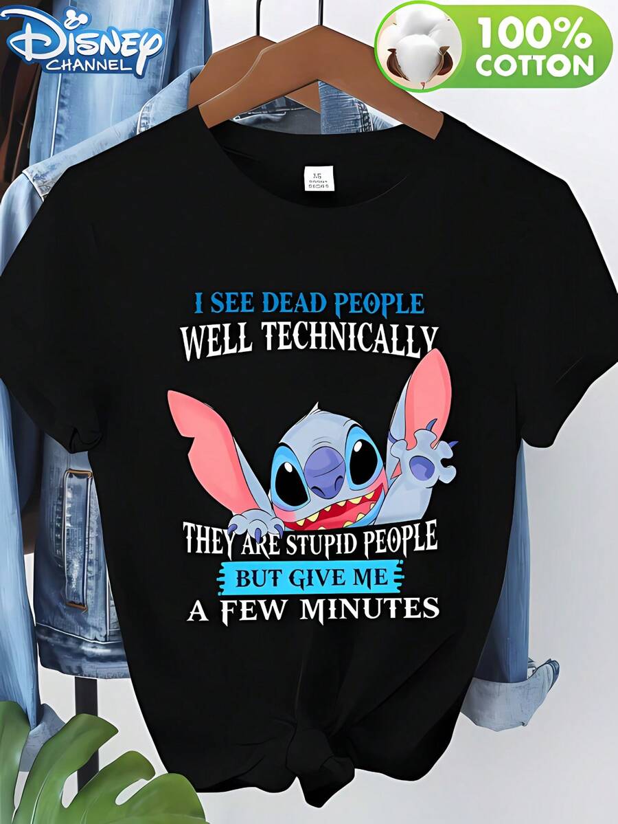 Disney Has Collaborated To Create A Humorous And Quirky Stitch Graphic Tee From 'Lilo & Stitch', Featuring A Playful Design And Text. This Versatile And Soft T-Shirt Is Perfect For Wearing In Spring, Summer, And Autumn - 黑色 - 查看 1