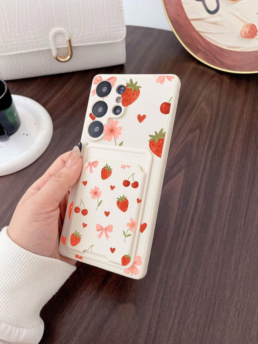 1pc White TPU Phone Case With Pink Cherry Blossom & Raspberry Pattern, And 1pc White Adhesive Card Holder With Pink Cherry Blossom & Raspberry Pattern, 2-In-1 Fashion Versatile Creative Full Coverage Phone Case Compatible With Apple/Android/ Phones - Multicolor - View 1