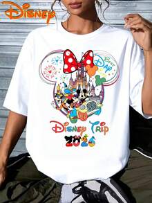 Spring And Summer Women's Disney Short-Sleeve T-Shirt Featuring Mickey, Minnie, Donald Duck, Goofy, Castles, Cars, And Disney Travel Motifs. New Spring And Summer Women's Casual Short-Sleeve Top With Disney Series Prints And A Round Neck. Suitable For Spring And Summer, Disney Trips, Fashionable Casual Everyday Wear, Commuting, And Vacation. Versatile Retro-Style Top. - trắng - Xem 6