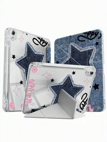 Eine süße Cartoon Stern & Denim Buchstaben beidseitige transparente Acryl Kristall Rückseite, stoßfest, geeignet für iPad 7., 8. und 10. Generation (10,2 Zoll), integrierter Stifthalter, unterstützt Sleep/Wake Funktion, ideale Geschenkwahl - Verschiedenfarbig - Übersicht 5