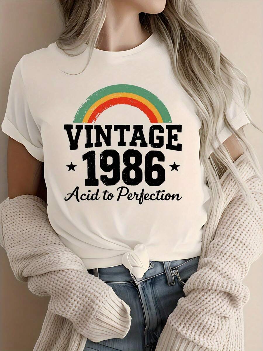 Women's Vintage 1986 Rainbow Shirt - Round Neck, 220g, White With Colorful Rainbow Print, Design To Perfection, Machine Washable Casual Top For All Year Round, Vintage Shirts-Sleep - White - View 1