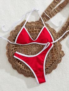PEPPERMOLLY New Soft Solid Color Halter Tie Sexy Bikini, Women's Fashionable Swimwear For Beach In Summer Vacation - Red 1 - View 4