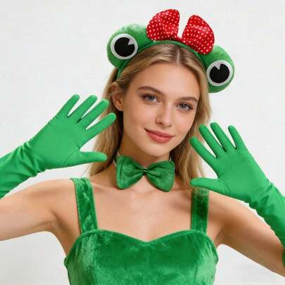 Frog Theme Carnival Costume Set, Frog Headband Bow Tie Green Long Gloves, Perfect For Carnival Parade Theme Party World Book Day Cosplay Stage Performance Music Festival Anime Convention Holiday Celebration Photo Shoot Animal Party