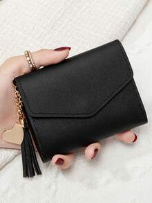 1件装女士时尚简约三折短款钱包，多卡位多功能零钱包，流苏吊坠荔枝纹理钱包卡包零钱包，女士钱包，旅行必备，度假必备，邮轮必备 - 彩色 - 查看 7