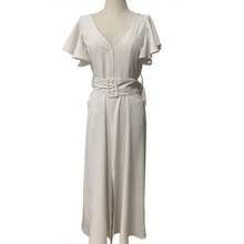 Nuevo vestido con cuello en V y mangas con volantes de color sólido, elegante vestido largo para ir al trabajo con un diseño que realza la cintura. - Azul - Ver 6