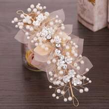 Kẹp tóc đính hoa ngọc trai màu sâm panh, phụ kiện tóc thanh lịch, nữ tính, phù hợp cho đám cưới, dạ hội, biểu diễn và phối cùng váy áo trang trọng. - Rượu sâm banh - Xem 5